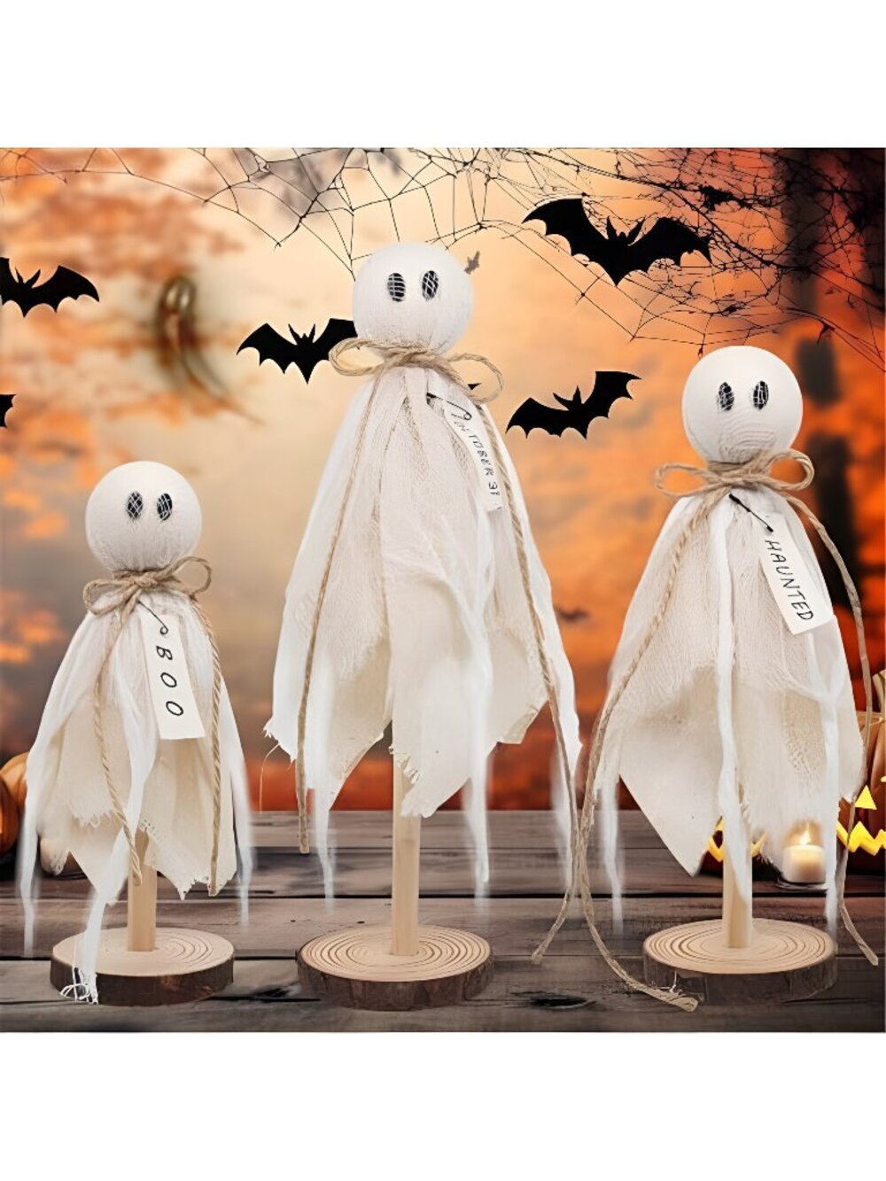 Wooden Ghost Halloween Decorations Indoor– Set of 3 Sizes Rustic Shelf Sitters
